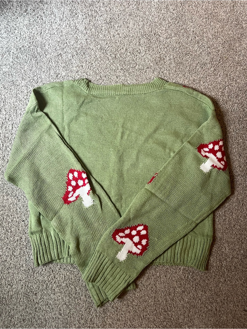 Green Knit Button Front Cardigan Sweater w/ Red Mushrooms Cottagecore, Women’s M - Picture 4 of 5